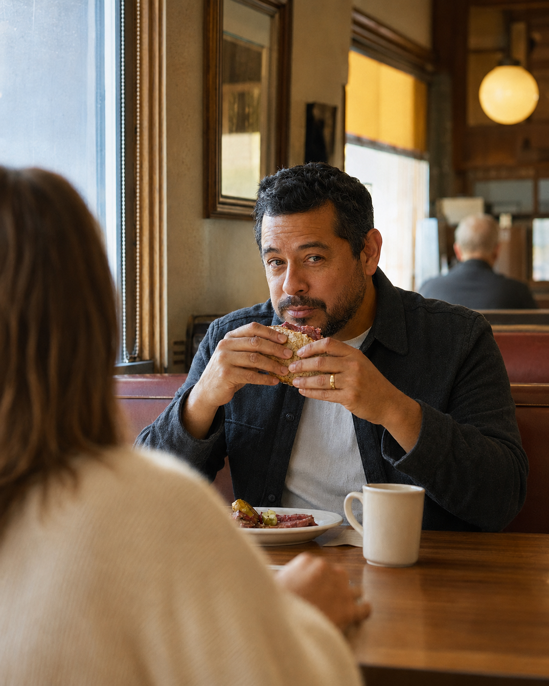 A man listening carefully to his partner across a diner table