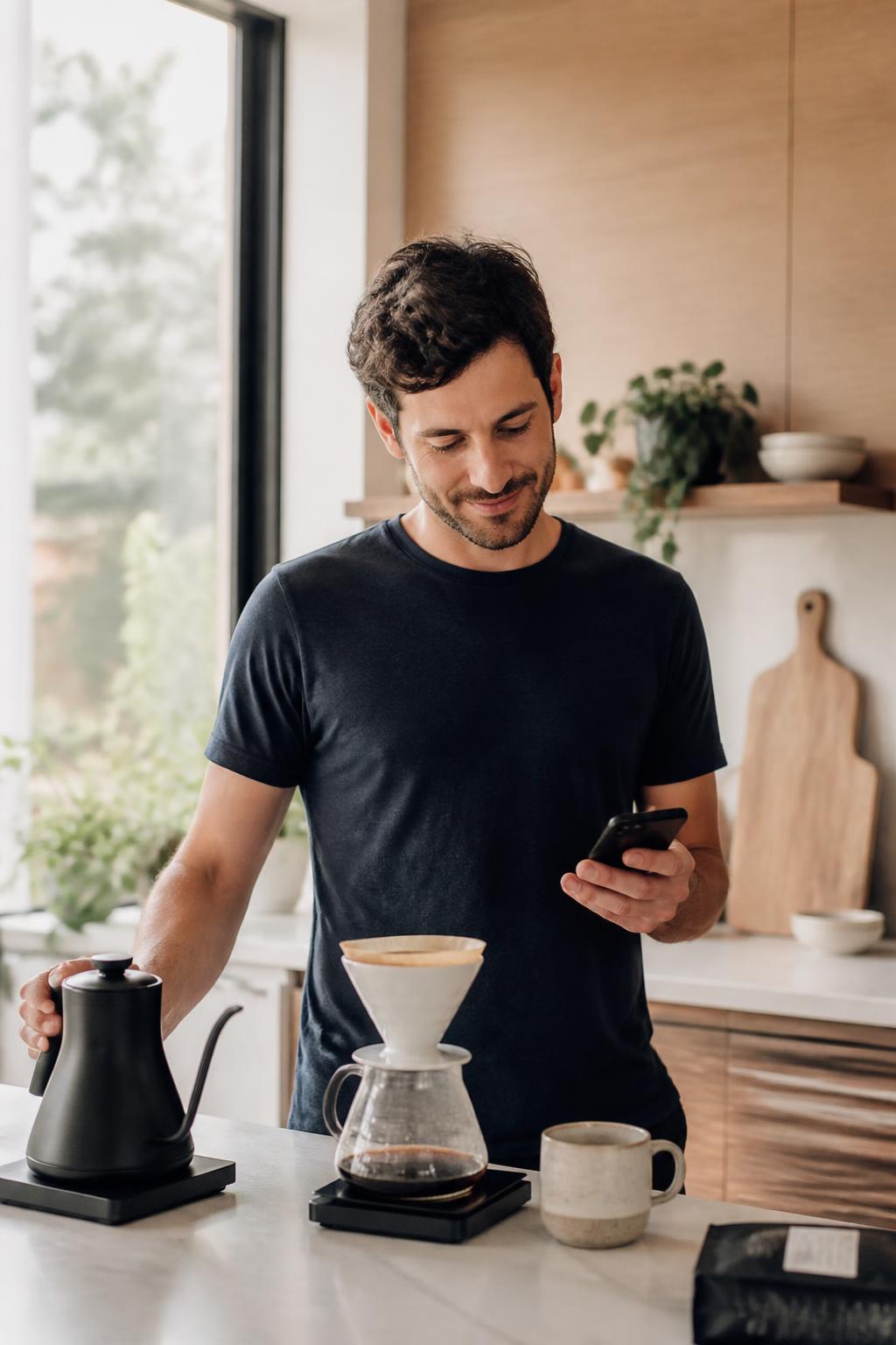 A man glancing at a WifeHack heads-up on his phone while making coffee at his kitchen counter